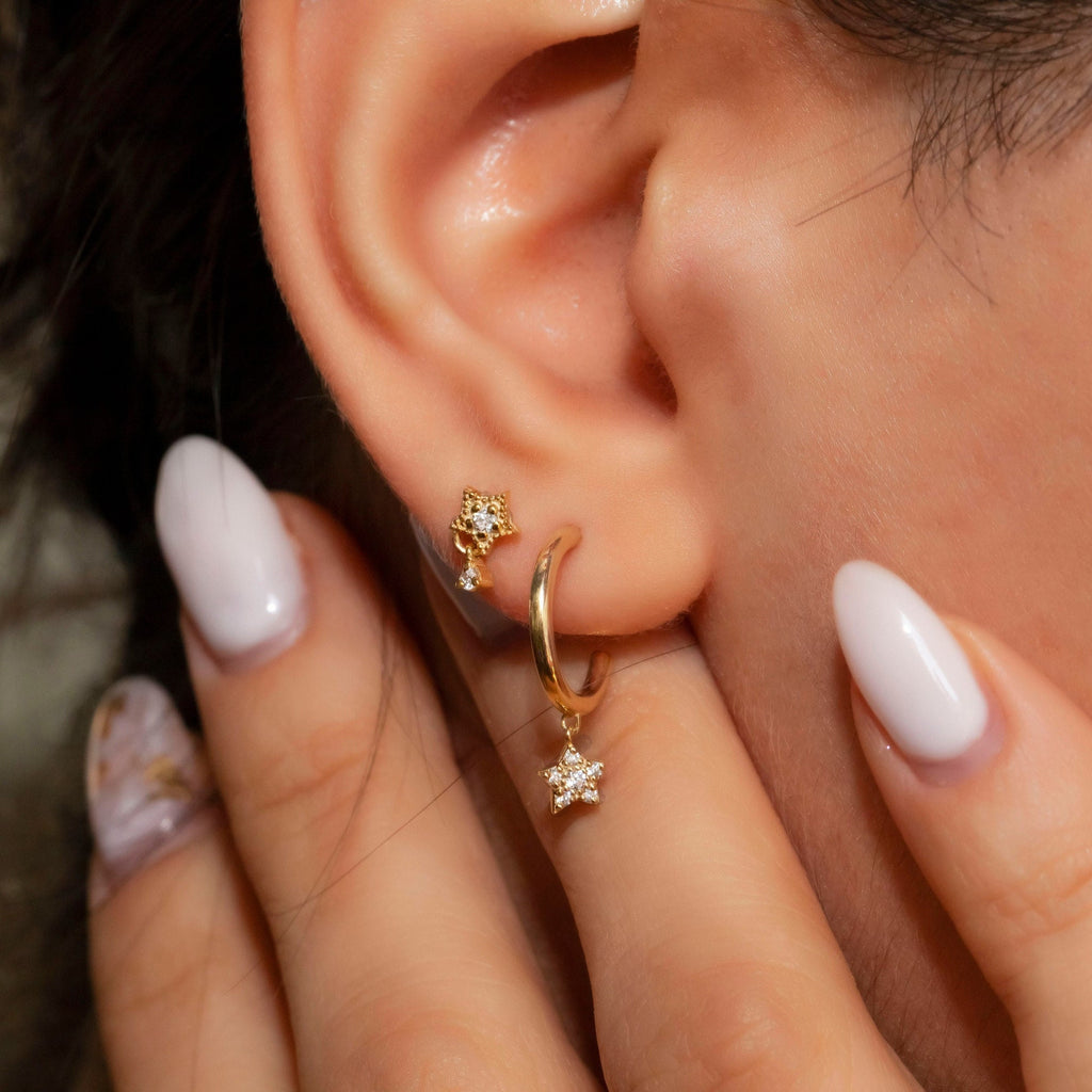 Diamond Hoop Earrings / 14k Dangling Diamond Hoop Earrings / Star Charm Huggies / Birthday Gift / Graduation Gift / Bridal Gift