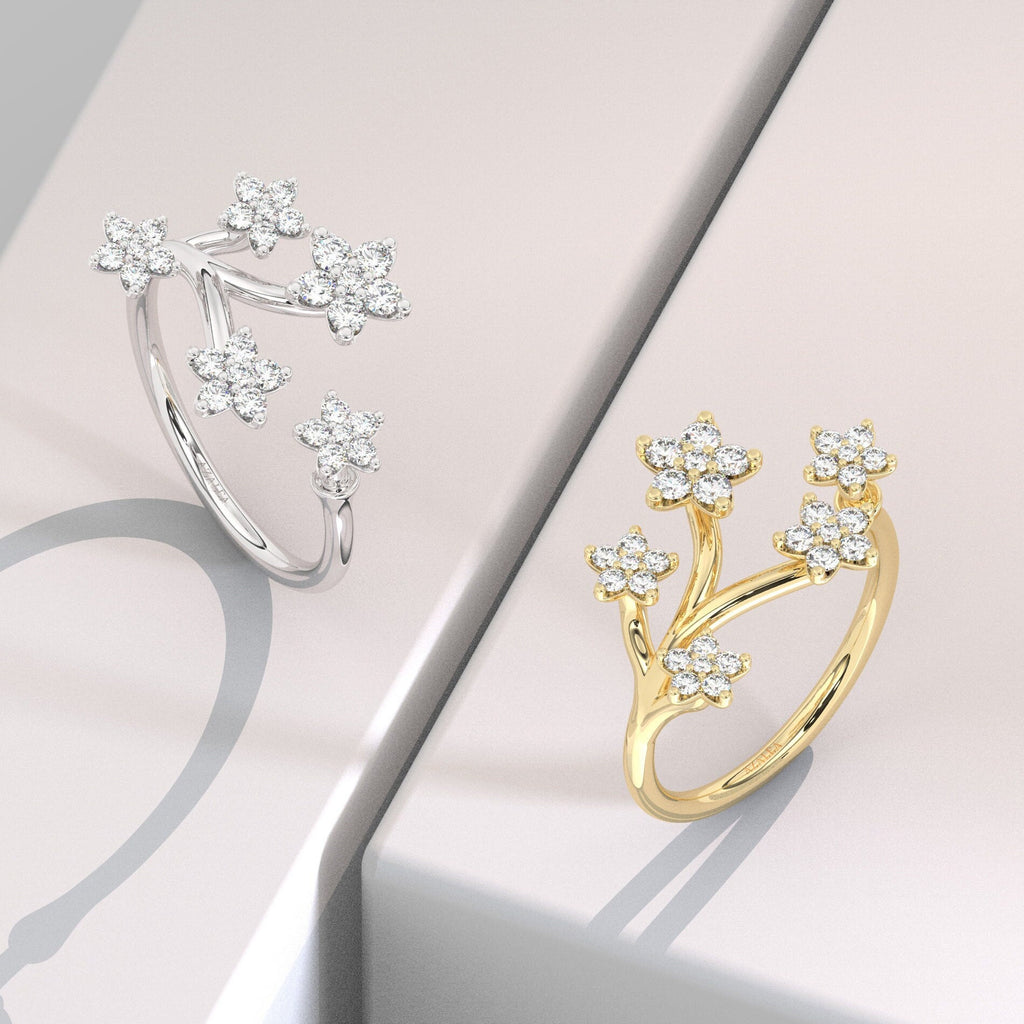 Diamond Floral Design Ring / 14k Gold Diamond Flower Ring / Flower stacking ring / Floral Statement Ring / Birthday Gift