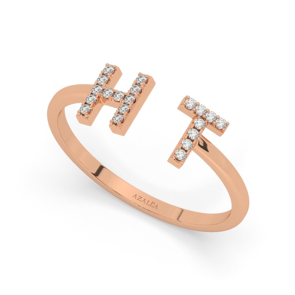 14k Gold Diamond Initial Ring / Diamond Stacking Ring / Initial Ring / Graduation Gift / Birthday Gift / Letter Rings / Open Cuff Ring