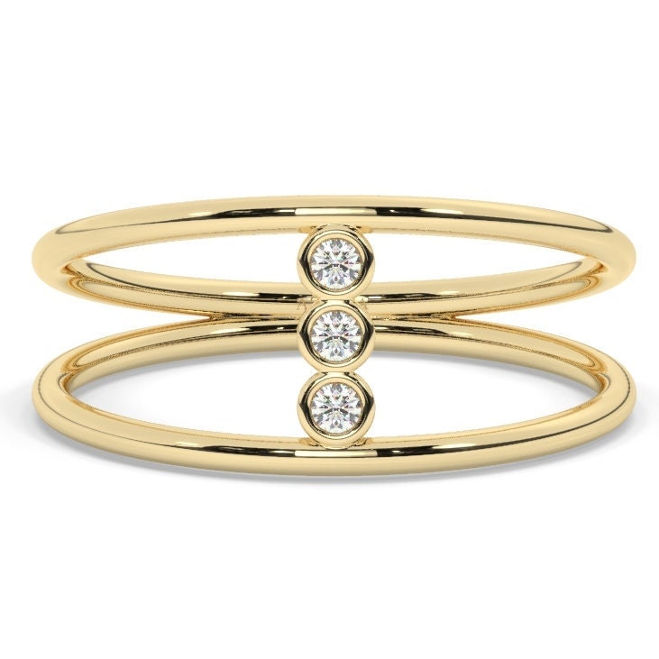 14k Gold Bezel Diamond Wedding Band / Double Ring Stacking Ring / Engagement Ring / Unique Design Minimalist Ring / Dual Band Wedding Ring