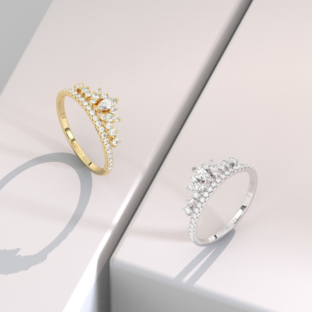 14K Crown Ring / Dainty Tiara Diamond Bridal Wedding Band/ Stacking Ring/ Unique Marquise and Round Diamond Cluster Band/ Promise Ring