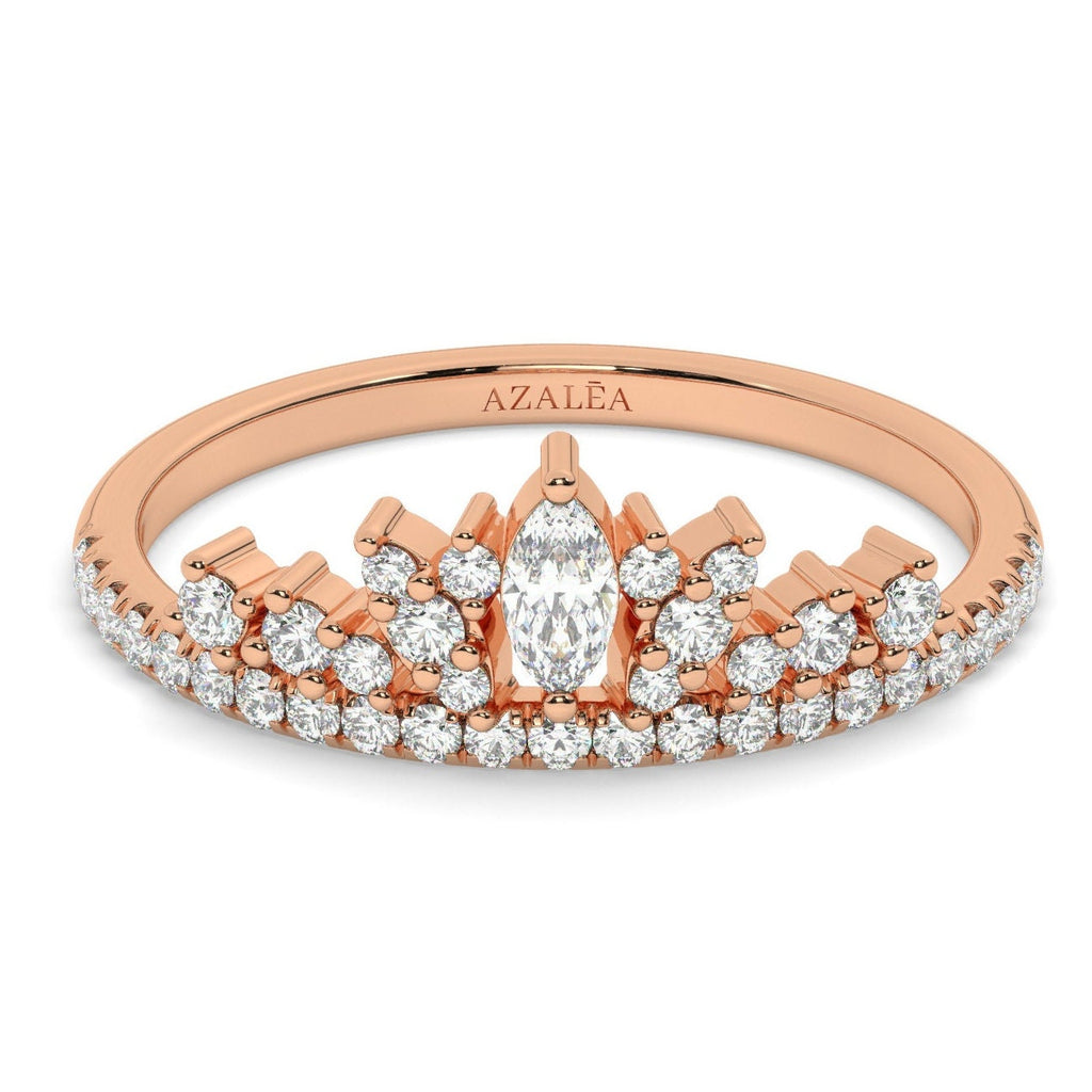 14K Crown Ring / Dainty Tiara Diamond Bridal Wedding Band/ Stacking Ring/ Unique Marquise and Round Diamond Cluster Band/ Promise Ring