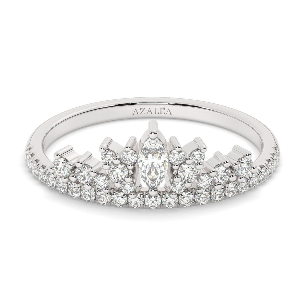 14K Crown Ring / Dainty Tiara Diamond Bridal Wedding Band/ Stacking Ring/ Unique Marquise and Round Diamond Cluster Band/ Promise Ring
