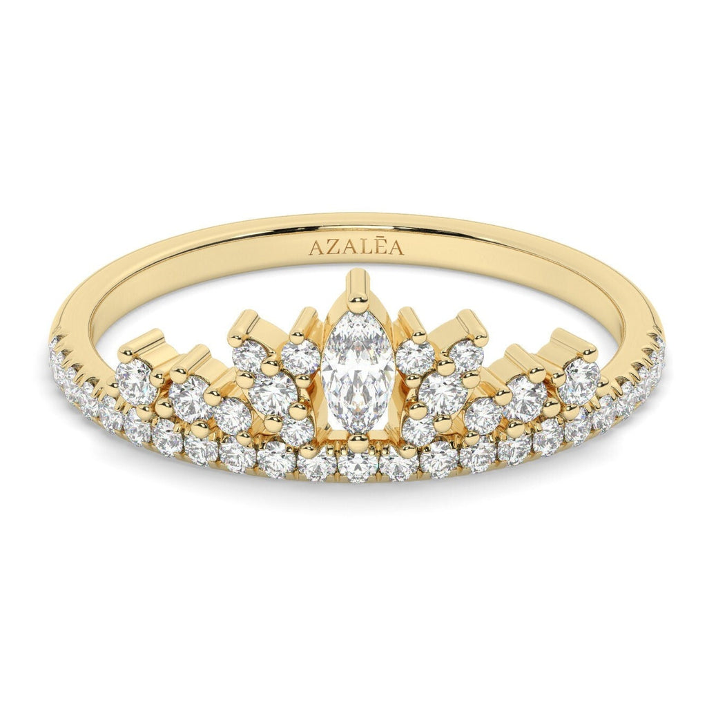 14K Crown Ring / Dainty Tiara Diamond Bridal Wedding Band/ Stacking Ring/ Unique Marquise and Round Diamond Cluster Band/ Promise Ring