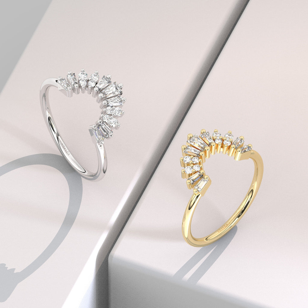 Curved Baguette Diamond Ring / 14k Gold Baguette Round Diamond Crown Wedding Band / Chevron Stacking Ring / Anniversary Birthday Gift