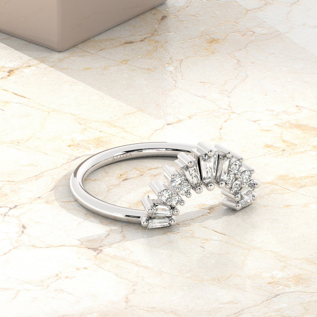 Curved Baguette Diamond Ring / 14k Gold Baguette Round Diamond Crown Wedding Band / Chevron Stacking Ring / Anniversary Birthday Gift