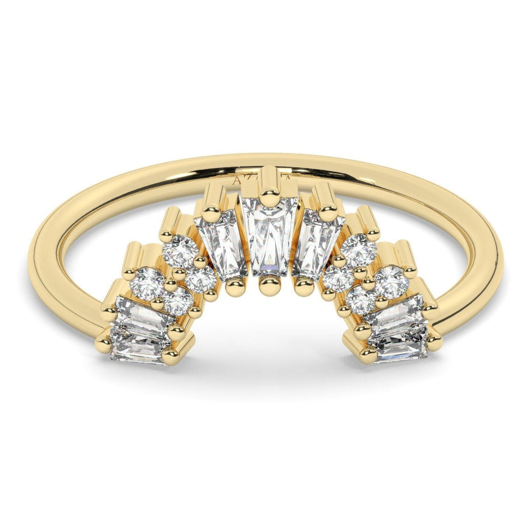 Curved Baguette Diamond Ring / 14k Gold Baguette Round Diamond Crown Wedding Band / Chevron Stacking Ring / Anniversary Birthday Gift