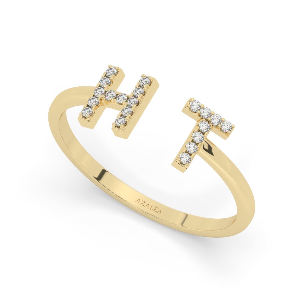 14k Gold Diamond Initial Ring / Diamond Stacking Ring / Initial Ring / Graduation Gift / Birthday Gift / Letter Rings / Open Cuff Ring