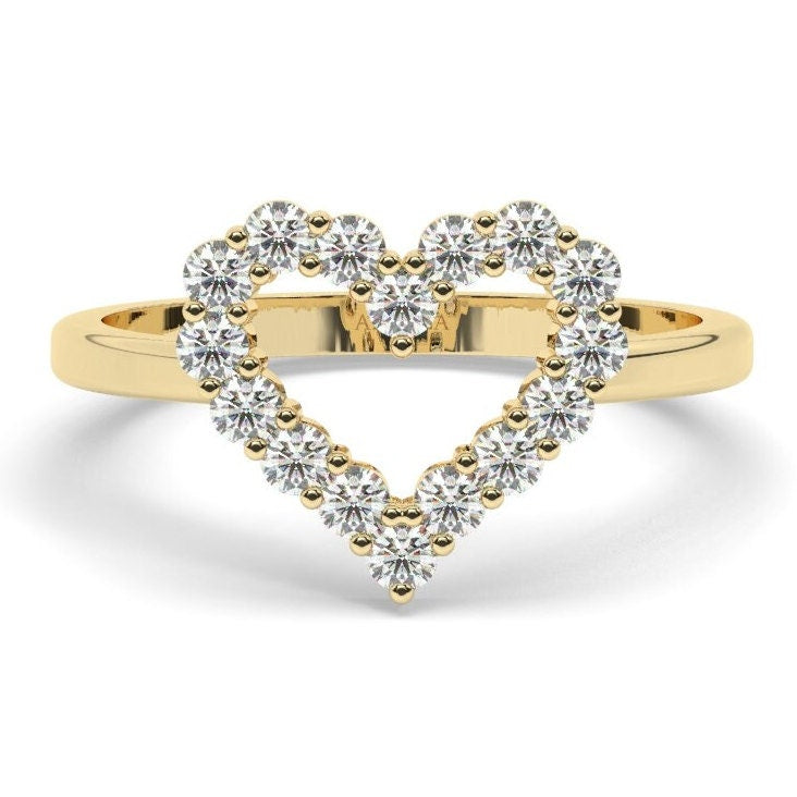 Diamond Heart Ring / 14k Gold Heart Stacking Band / Love Ring / Heart Ring / Dainty Heart Ring / Gift Ideas / Pave Open Heart Gold Ring