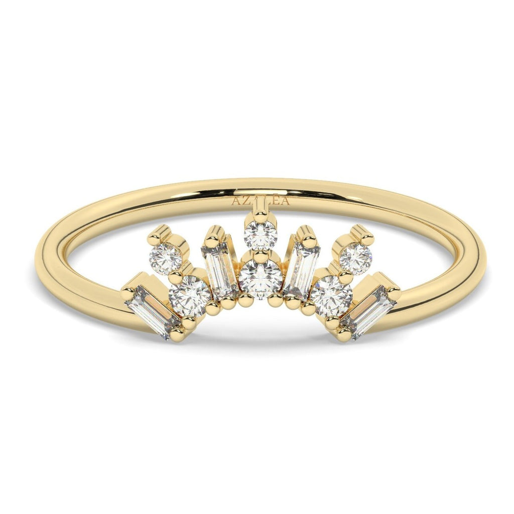 Curved Diamond Wedding Band / 14k Gold Baguette and Round Diamond Stacking Ring / Crown Shape Stacking Ring / Diamond Anniversary Gift Idea