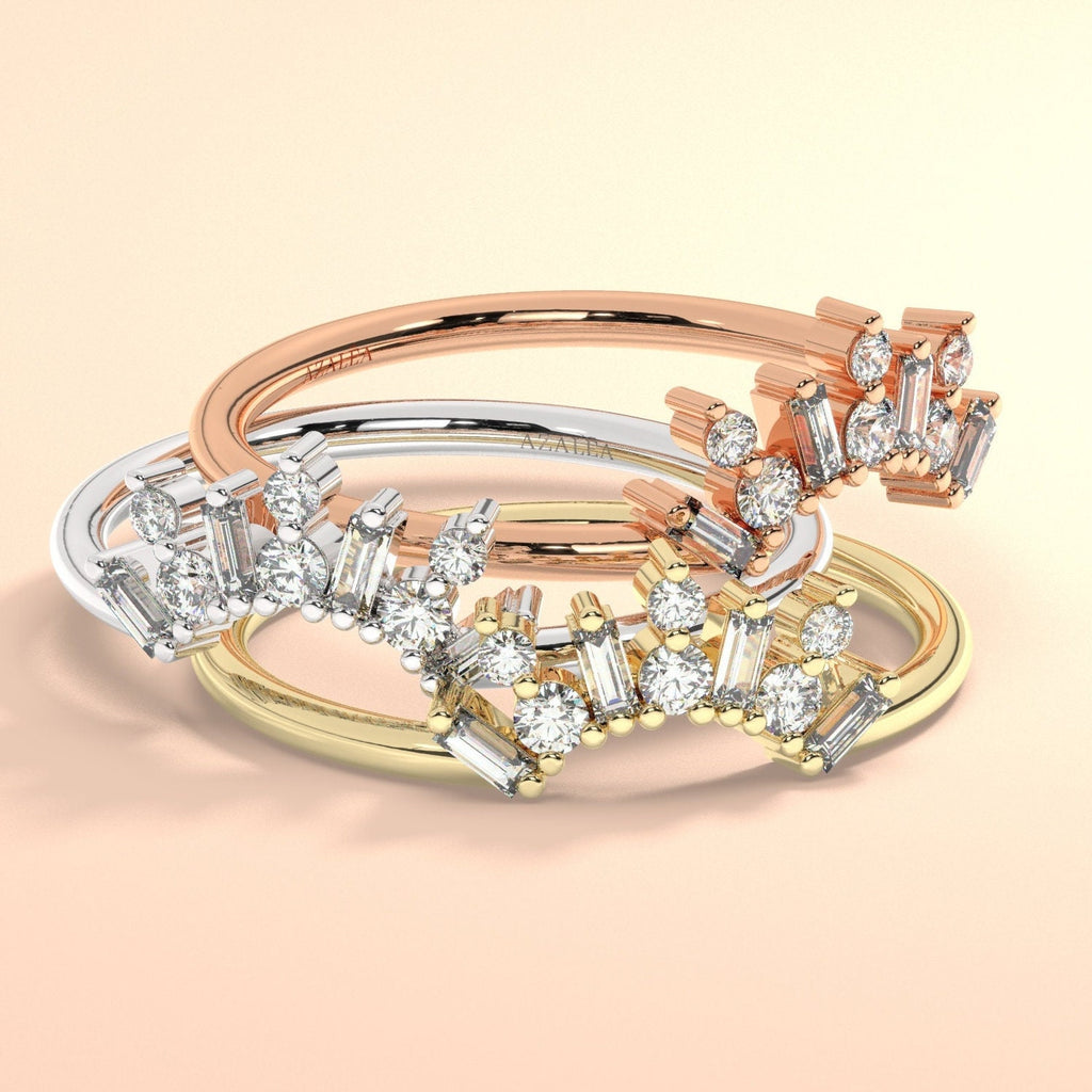 Curved Diamond Wedding Band / 14k Gold Baguette and Round Diamond Stacking Ring / Crown Shape Stacking Ring / Diamond Anniversary Gift Idea