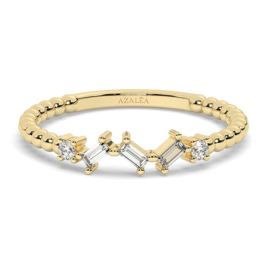 Baguette Diamond Beaded Gold Ring / 14k Gold Baguette Diamond Stacking Ring / Bridal Birthday Anniversary Gift