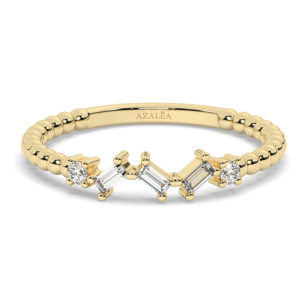 Baguette Diamond Beaded Gold Ring / 14k Gold Baguette Diamond Stacking Ring / Bridal Birthday Anniversary Gift