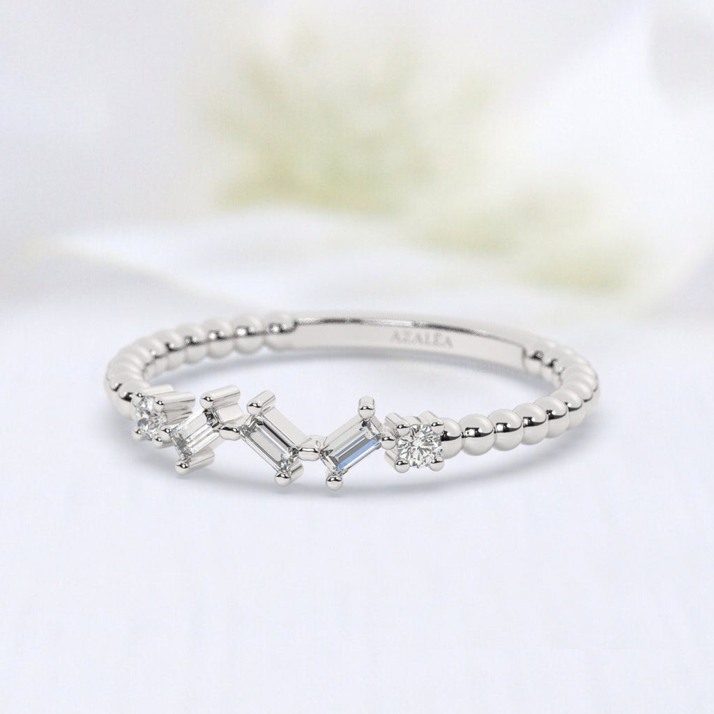 Baguette Diamond Beaded Gold Ring / 14k Gold Baguette Diamond Stacking Ring / Bridal Birthday Anniversary Gift