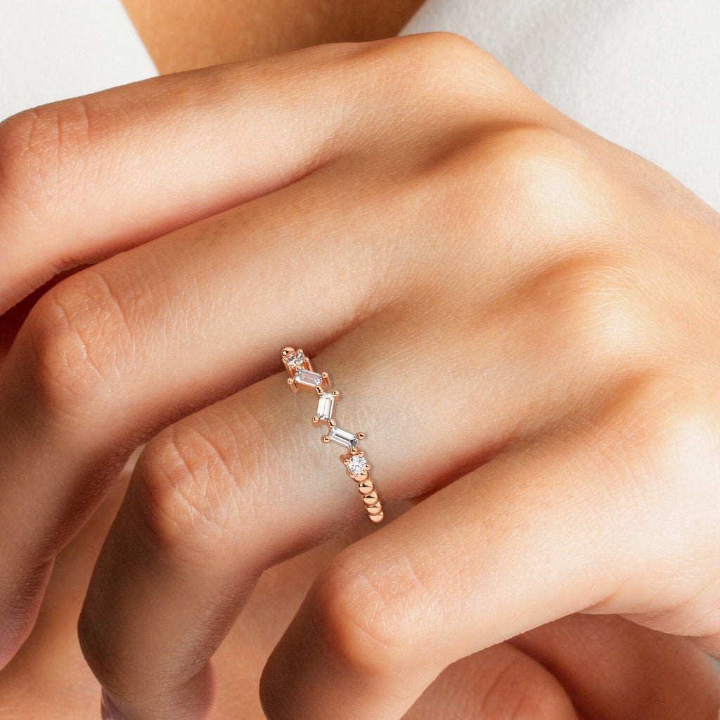 Baguette Diamond Beaded Gold Ring / 14k Gold Baguette Diamond Stacking Ring / Bridal Birthday Anniversary Gift
