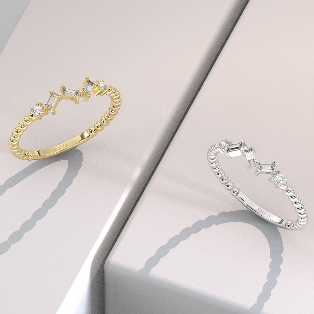 Baguette Diamond Beaded Gold Ring / 14k Gold Baguette Diamond Stacking Ring / Bridal Birthday Anniversary Gift