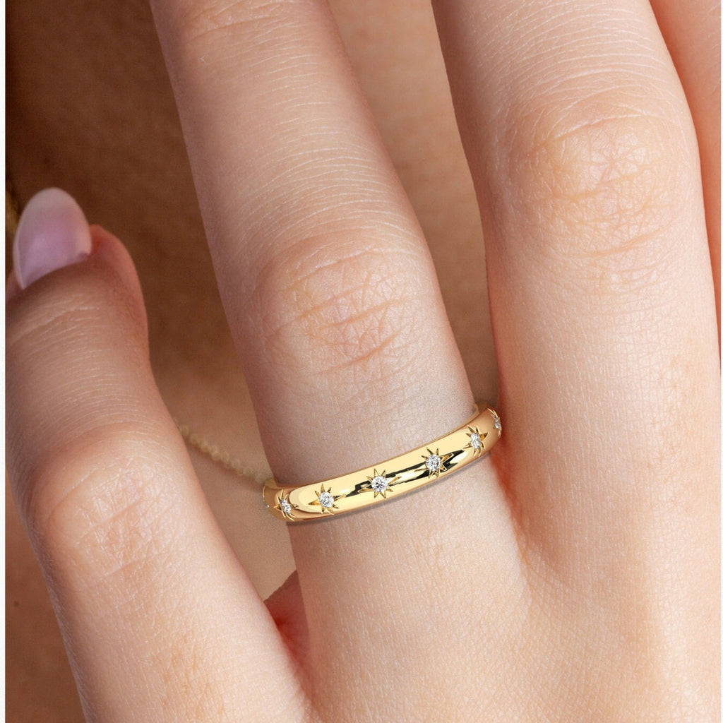 Diamond Eternity Wedding Band / 14k Gold Engraved Star Diamond Stacking Ring / Stackable Ring / Anniversary Gift / Diamond Engagement Band