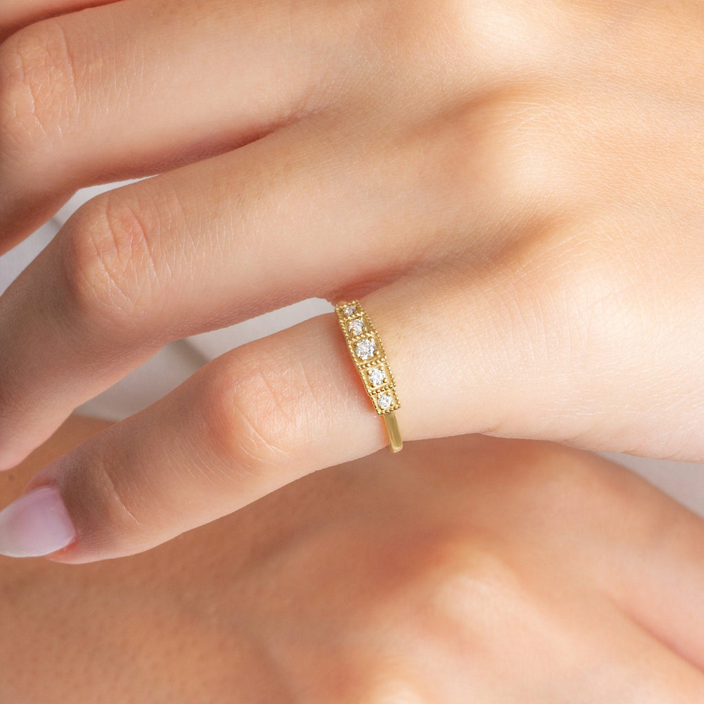 Diamond Stacking Ring / 14k Gold Round Diamond Prong Set Ring / Square Diamond Stacking Ring / Anniversary Ring / Diamond Gift Ideas