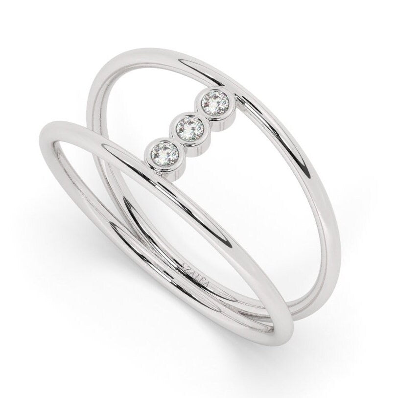 14k Gold Bezel Diamond Wedding Band / Double Ring Stacking Ring / Engagement Ring / Unique Design Minimalist Ring / Dual Band Wedding Ring