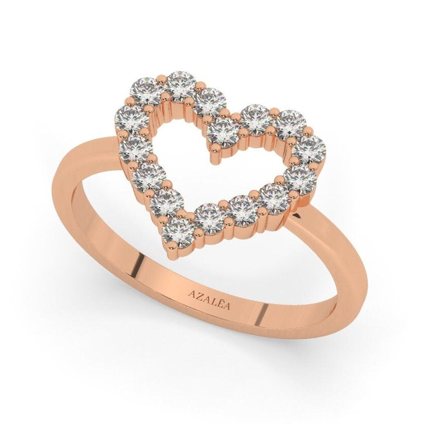 Diamond Heart Ring / 14k Gold Heart Stacking Band / Love Ring / Heart Ring / Dainty Heart Ring / Gift Ideas / Pave Open Heart Gold Ring