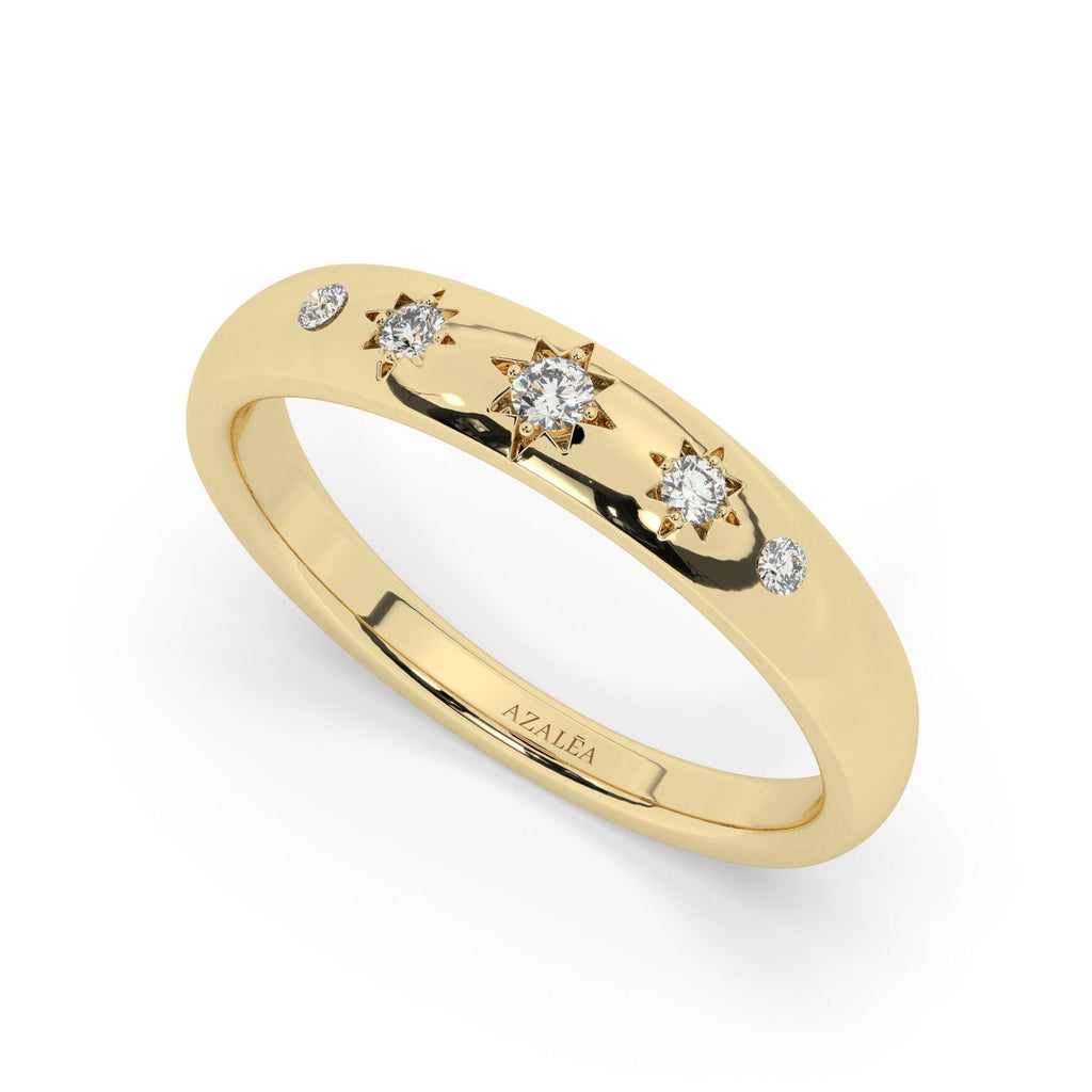 14k Gold Engraved Star Diamond Wedding Ring / Celestial Stacking Ring / Anniversary Gift / Starburst Stacking Ring/ Engagement Band