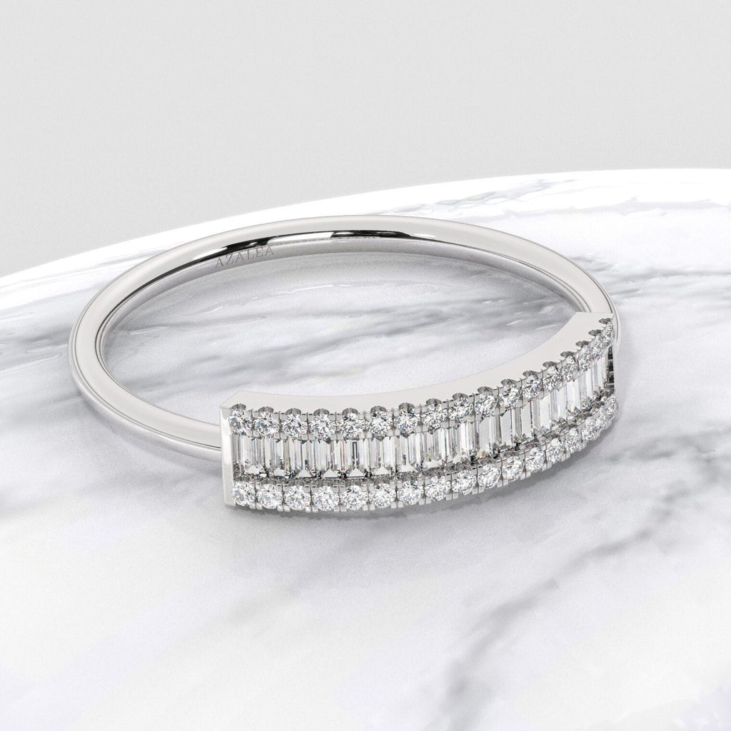14k Solid Gold Baguette Diamond Wedding Band – Dainty Set Half Eternity Ring, Fine Gold Jewelry Gift, Stackable Ring for Her