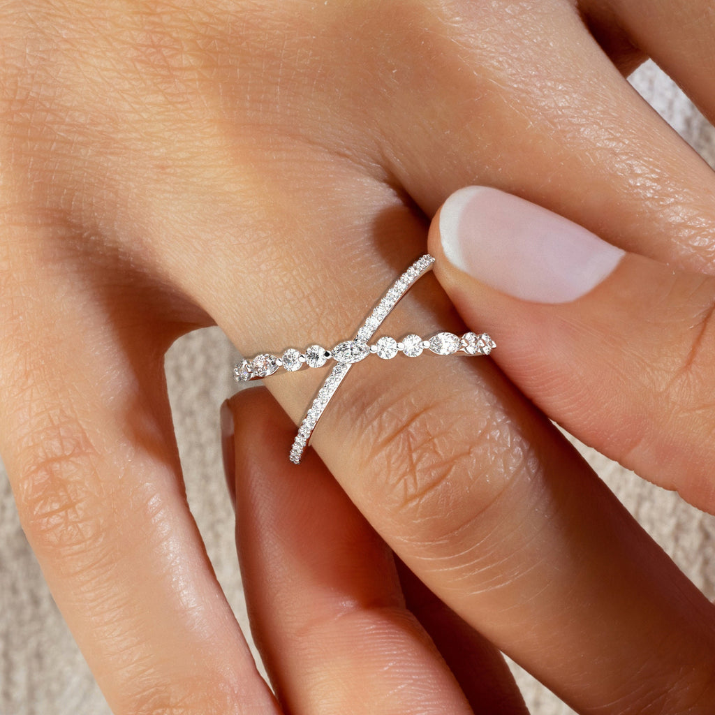 Diamond X Stacking Ring / 14k Gold Marquise and Round Diamond Crisscross Stacking Ring / Wedding Band / Stacking Ring/ Anniversary Gift