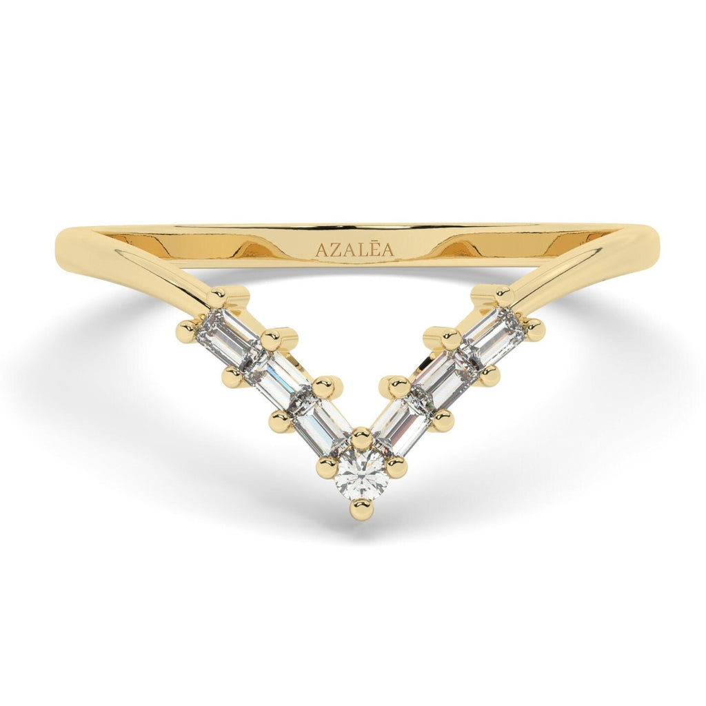 Curved Baguette Diamond Wedding Band / 14k Gold Baguette Diamond Chevron Ring / V Shape Diamond Wedding Band / Diamond Anniversary Ring