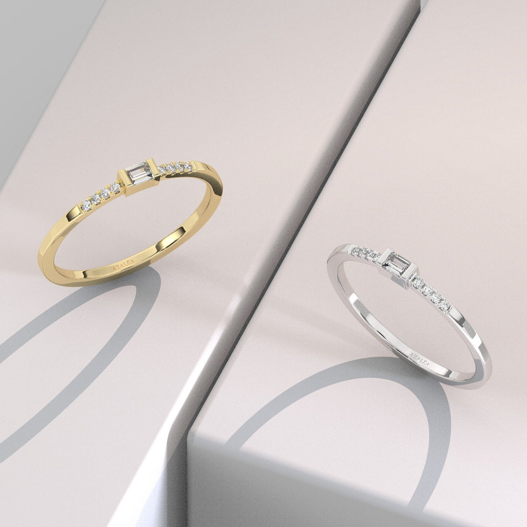 Baguette Diamond Stackable Ring / 14k Gold Baguette and Round Diamond Ring / Diamond Bridal Gift / Anniversary Gift / Diamond Gift Ideas