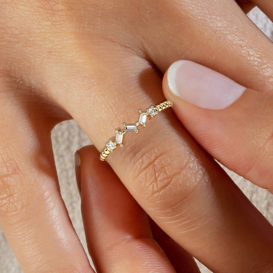 Baguette Diamond Beaded Gold Ring / 14k Gold Baguette Diamond Stacking Ring / Bridal Birthday Anniversary Gift