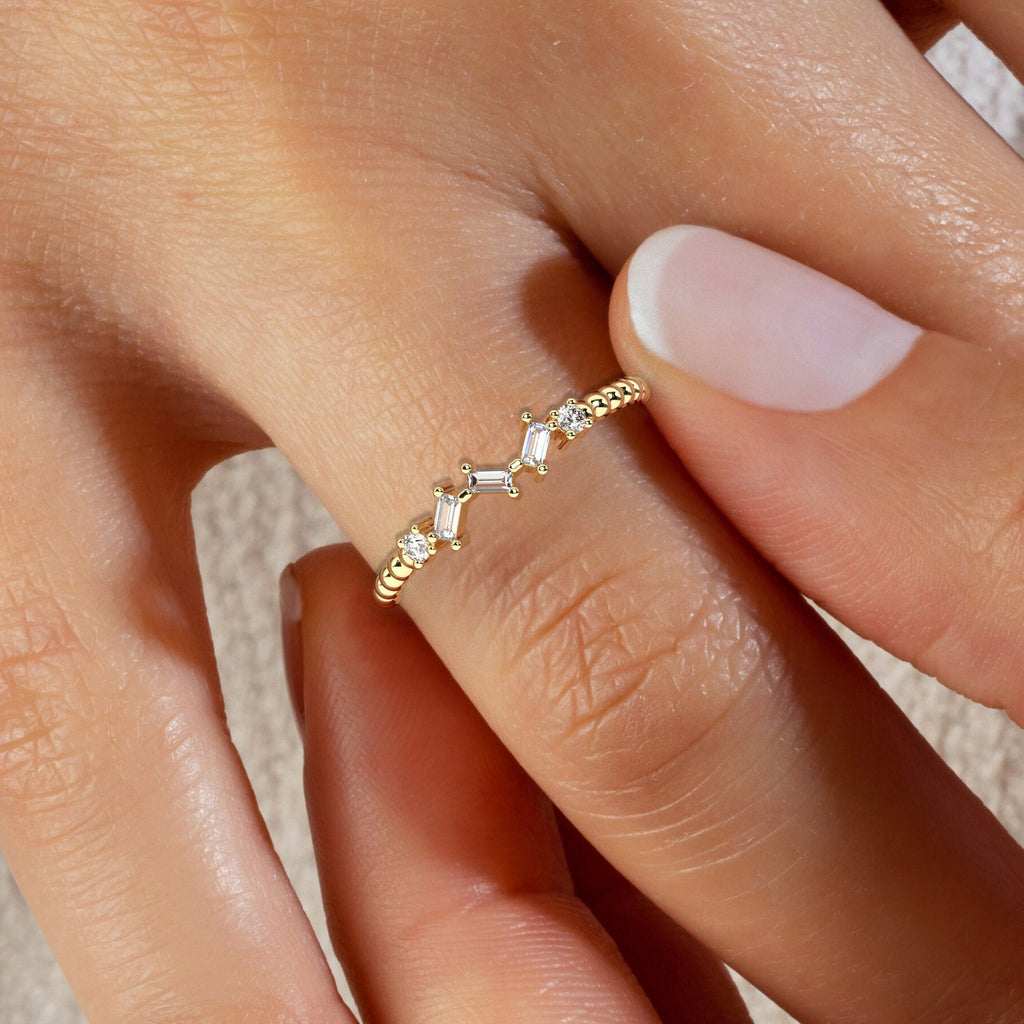 Baguette Diamond Beaded Gold Ring / 14k Gold Baguette Diamond Stacking Ring / Bridal Birthday Anniversary Gift