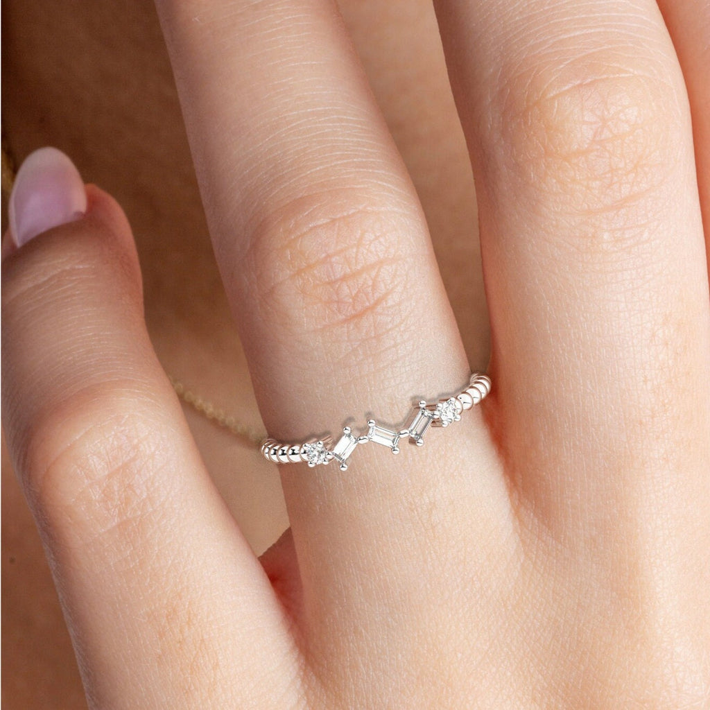 Baguette Diamond Beaded Gold Ring / 14k Gold Baguette Diamond Stacking Ring / Bridal Birthday Anniversary Gift