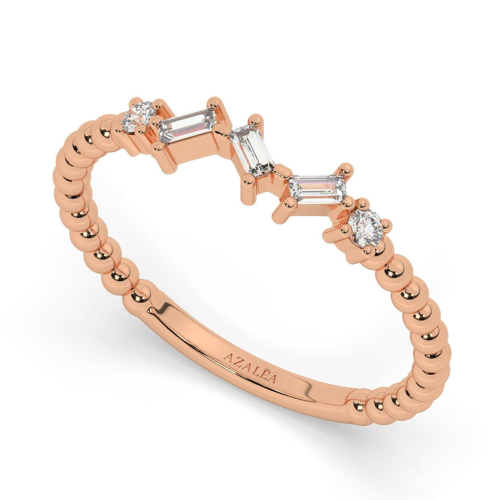 Baguette Diamond Beaded Gold Ring / 14k Gold Baguette Diamond Stacking Ring / Bridal Birthday Anniversary Gift