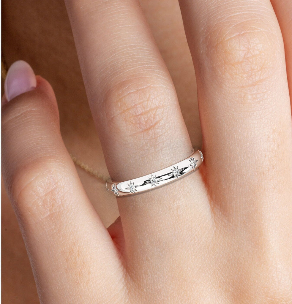 Diamond Eternity Wedding Band / 14k Gold Engraved Star Diamond Stacking Ring / Stackable Ring / Anniversary Gift / Diamond Engagement Band