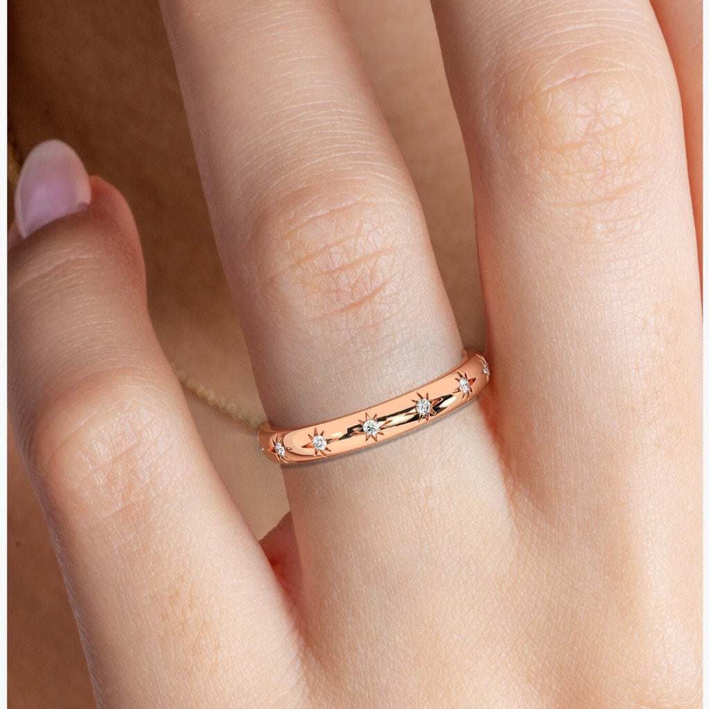 Diamond Eternity Wedding Band / 14k Gold Engraved Star Diamond Stacking Ring / Stackable Ring / Anniversary Gift / Diamond Engagement Band