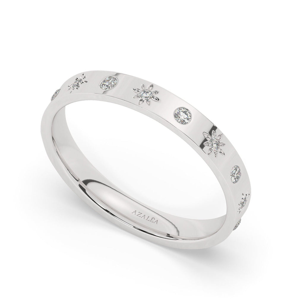 Diamond Eternity Wedding Band / 14k Gold Engraved Star Diamond Stacking Ring / Stackable Ring / Anniversary Gift / Diamond Engagement Band