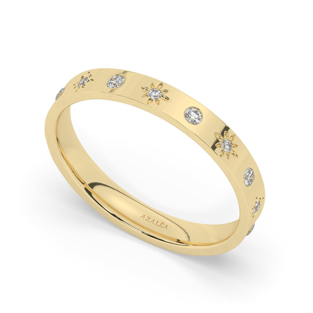 Diamond Eternity Wedding Band / 14k Gold Engraved Star Diamond Stacking Ring / Stackable Ring / Anniversary Gift / Diamond Engagement Band