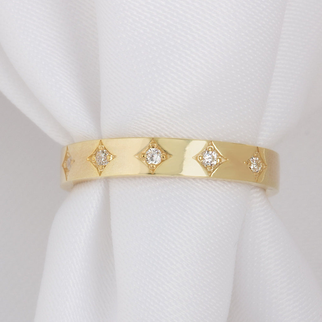 Diamond Eternity Wedding Band / 14k Gold Engraved Diamond Stacking Ring / Round Diamond Prong Stackable Ring / Anniversary Gift Ideas