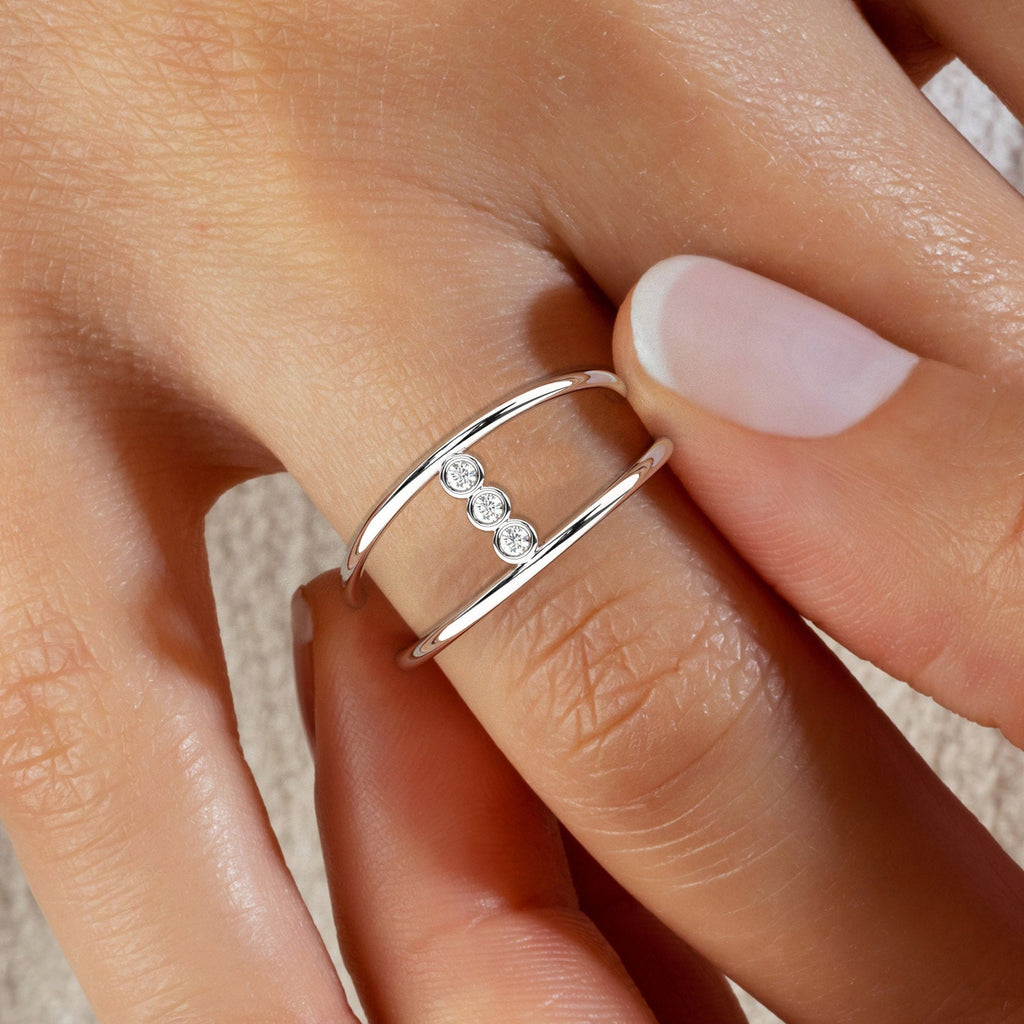 14k Gold Bezel Diamond Wedding Band / Double Ring Stacking Ring / Engagement Ring / Unique Design Minimalist Ring / Dual Band Wedding Ring