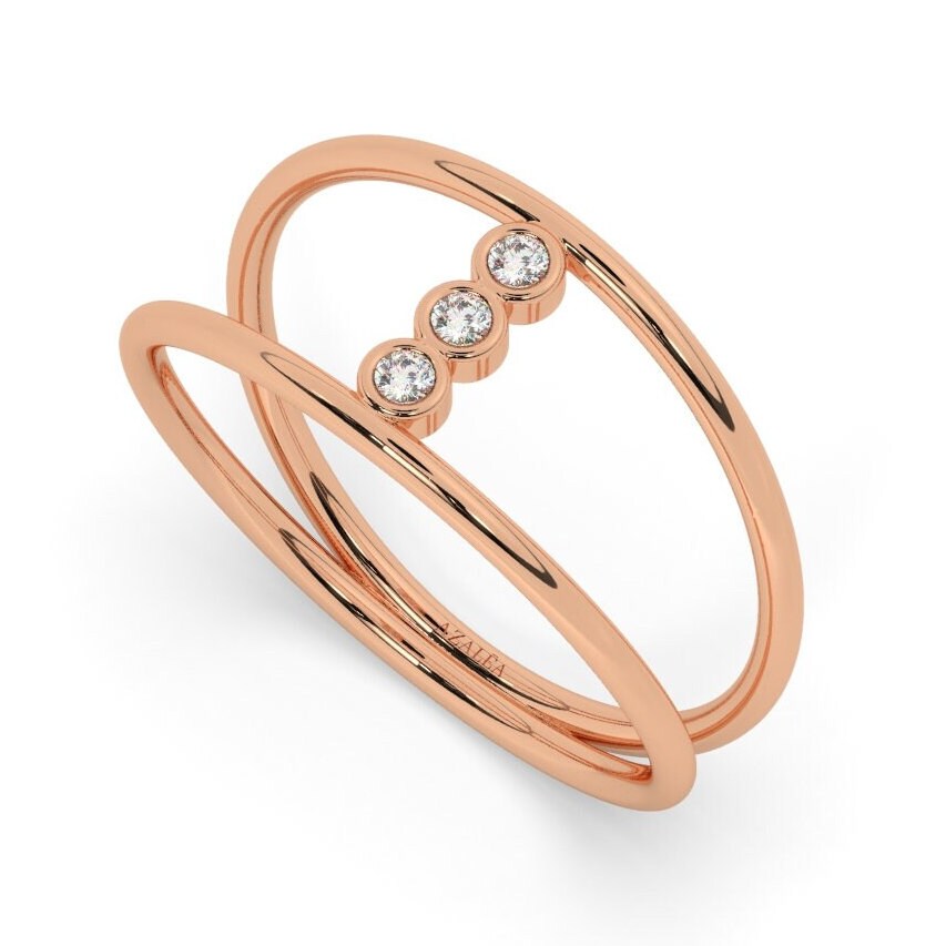 14k Gold Bezel Diamond Wedding Band / Double Ring Stacking Ring / Engagement Ring / Unique Design Minimalist Ring / Dual Band Wedding Ring