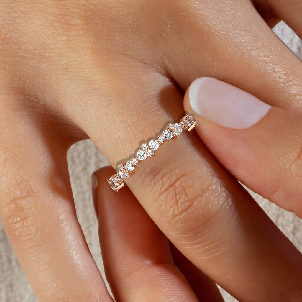 14k Petite Natural Diamond Wedding Ring / Minimalist Stacking Diamond Ring / Half Eternity Band / Bridal Birthday Promise Gift for her