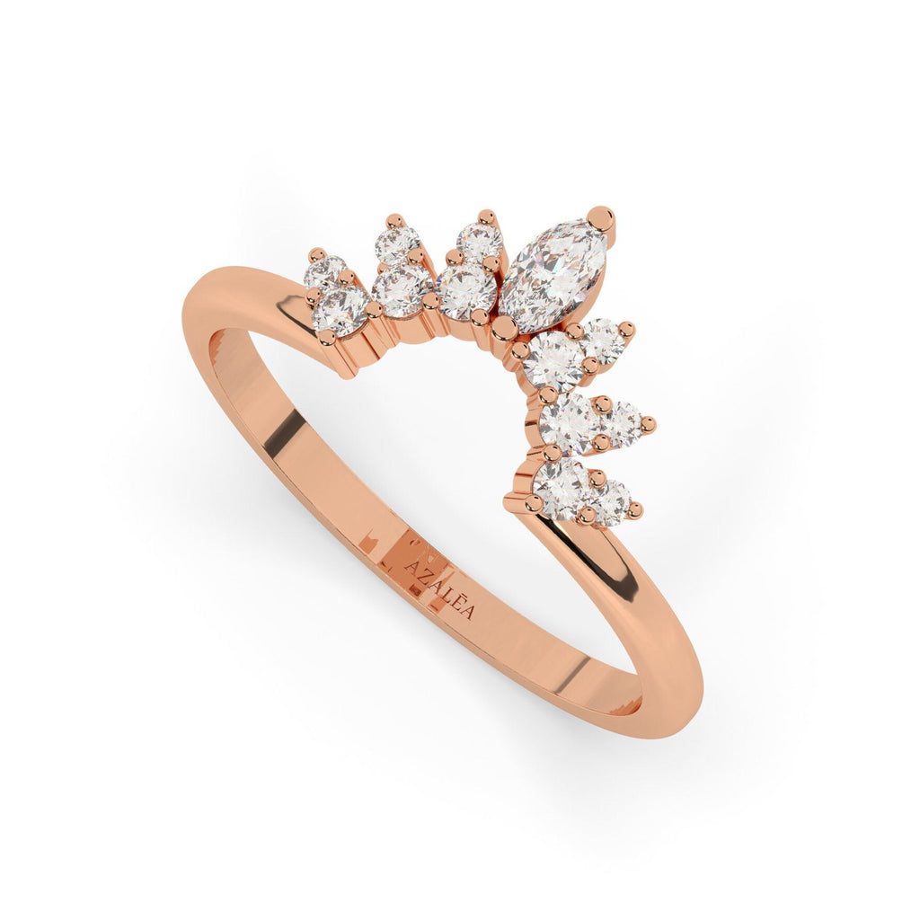 Curved Diamond Wedding Band / 14k Gold Marquise and Round Diamond Nesting Ring / Curved Stacking Ring / Diamond Anniversary Gift Idea