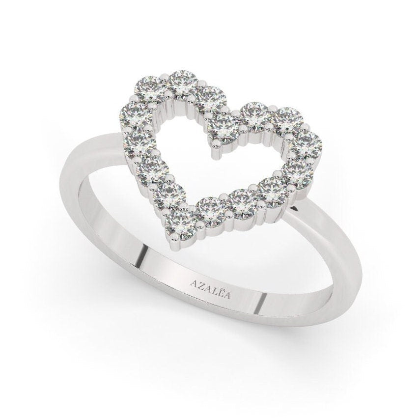 Diamond Heart Ring / 14k Gold Heart Stacking Band / Love Ring / Heart Ring / Dainty Heart Ring / Gift Ideas / Pave Open Heart Gold Ring