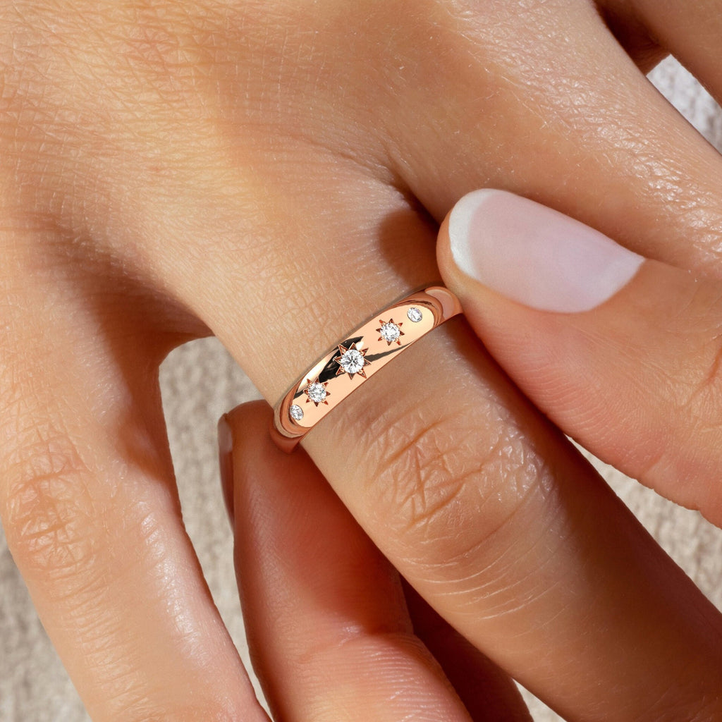 14k Gold Engraved Star Diamond Wedding Ring / Celestial Stacking Ring / Anniversary Gift / Starburst Stacking Ring/ Engagement Band
