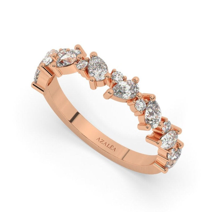 Pear and Round Diamond Alternating Wedding Band / 14k Gold Pear and Round Diamond Wedding Band / Engagement Ring /Pear Diamond Stacking Ring