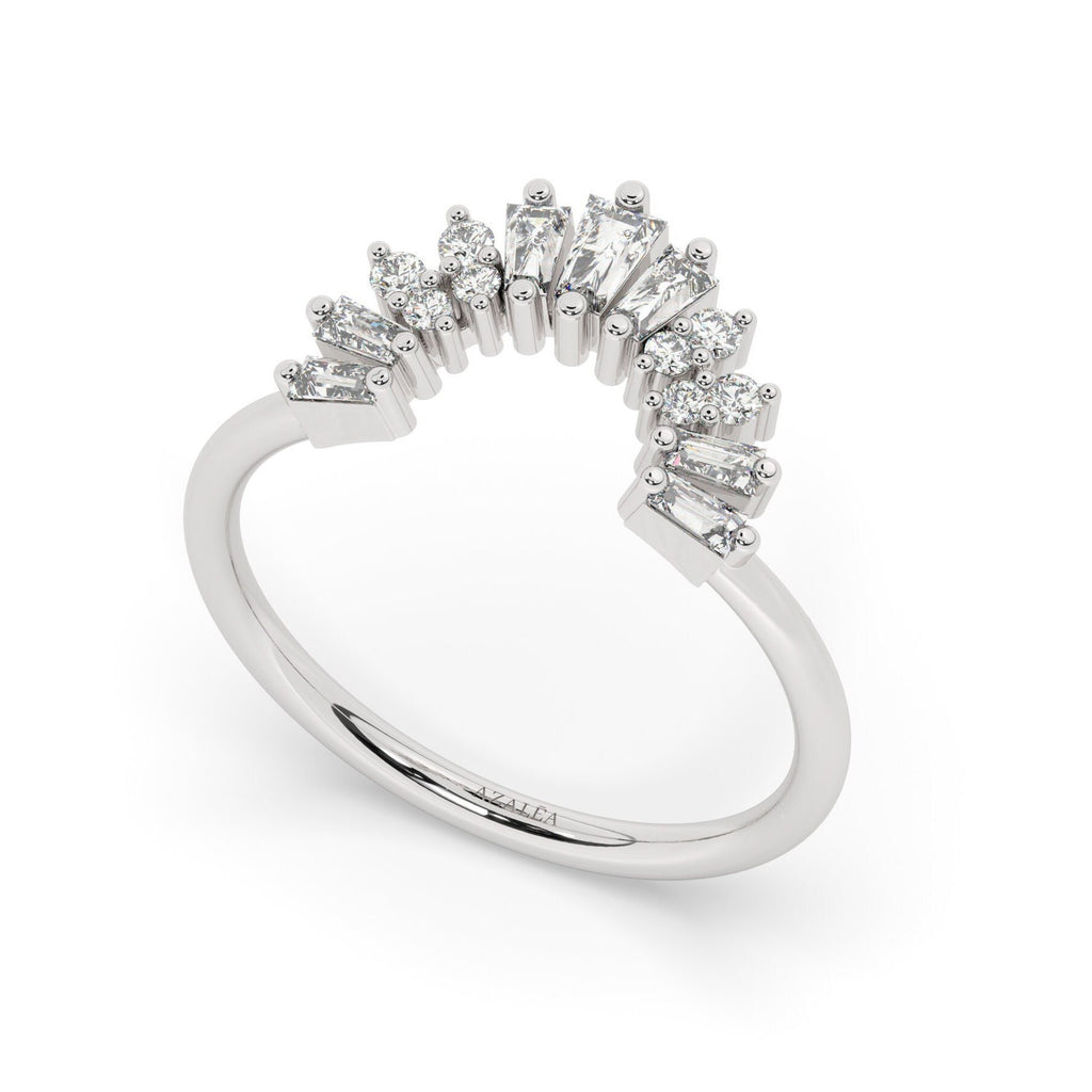 Curved Baguette Diamond Ring / 14k Gold Baguette Round Diamond Crown Wedding Band / Chevron Stacking Ring / Anniversary Birthday Gift