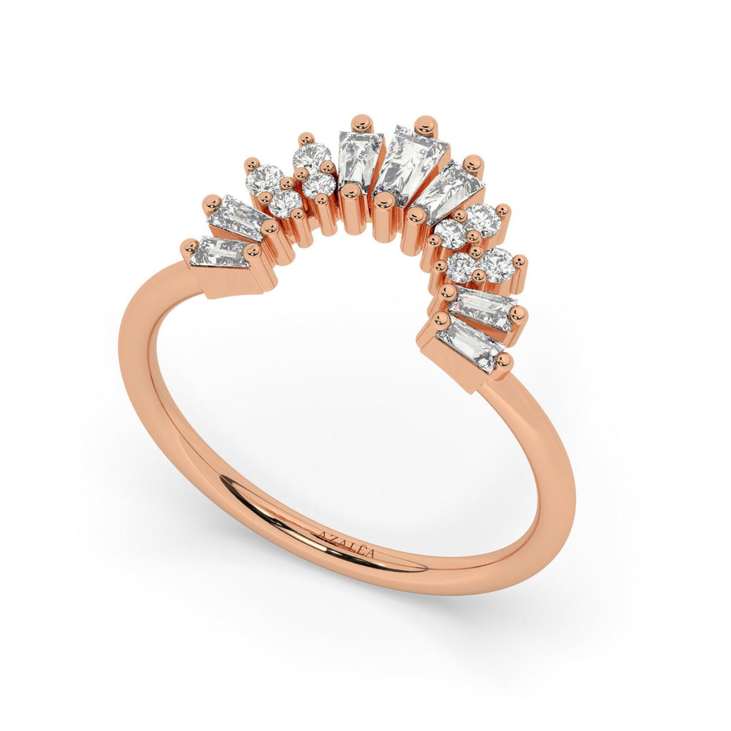 Curved Baguette Diamond Ring / 14k Gold Baguette Round Diamond Crown Wedding Band / Chevron Stacking Ring / Anniversary Birthday Gift