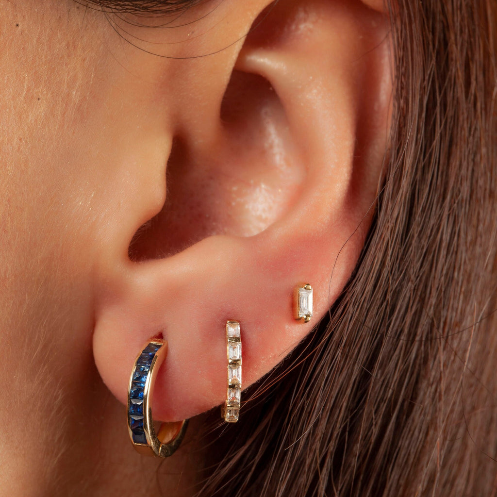Baguette Diamond Hoops / 14k Diamond Hoop Stud Earrings / Diamond Huggie Earrings/ Gift