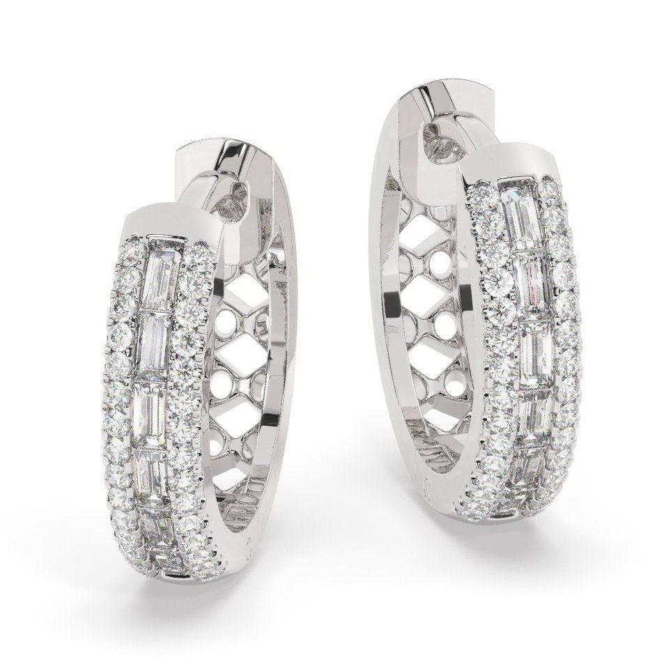 Baguette Double Row Diamond Small Hoop Earrings