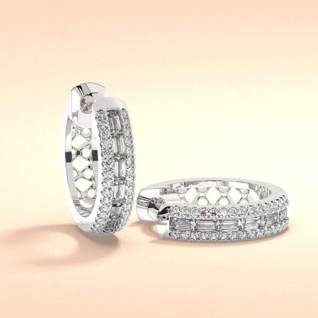 Baguette Double Row Diamond Small Hoop Earrings